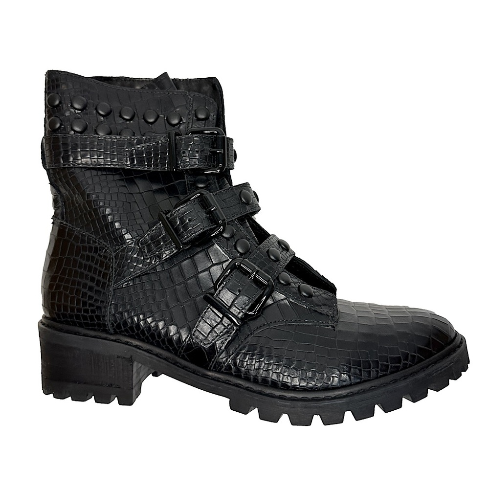 Schutz Suleni Croc Embossed Studded Leather Boots - Black